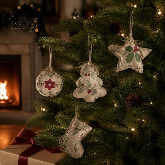Festive Garland Hanging Supplies Burlap Christmas Ornaments, Rustic Linen Fabric Decoration, Tree Ball Stocking Indoor Party Decorations Star
