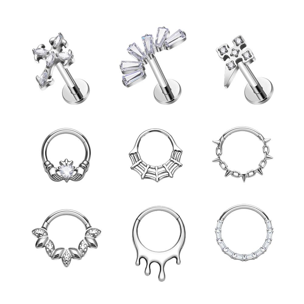 JCJEWELRY Титановые украшения для пирсинга тела Модные сегментные кольца для носа с шарниром Серьги с цирконами для женщин Пирсинг хряща козелка