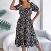 Women's Summer Floral Square Collar Short Sleeve Waist Pinched A-line Dress