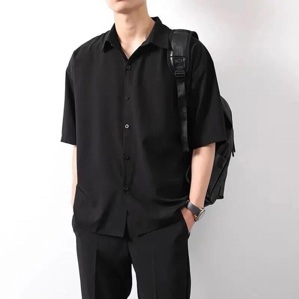 Men Spring Top Men's Casual Loose Fit Ice Silk Shirt with Turn-down Collar Half Sleeves Stylish Button-up Top for School Dating