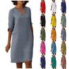 European and American V-Neck Retro High Waist Cotton-Linen Dress - Solid Color, Three-Quarter Sleeves, Washed Wrinkled Fabric