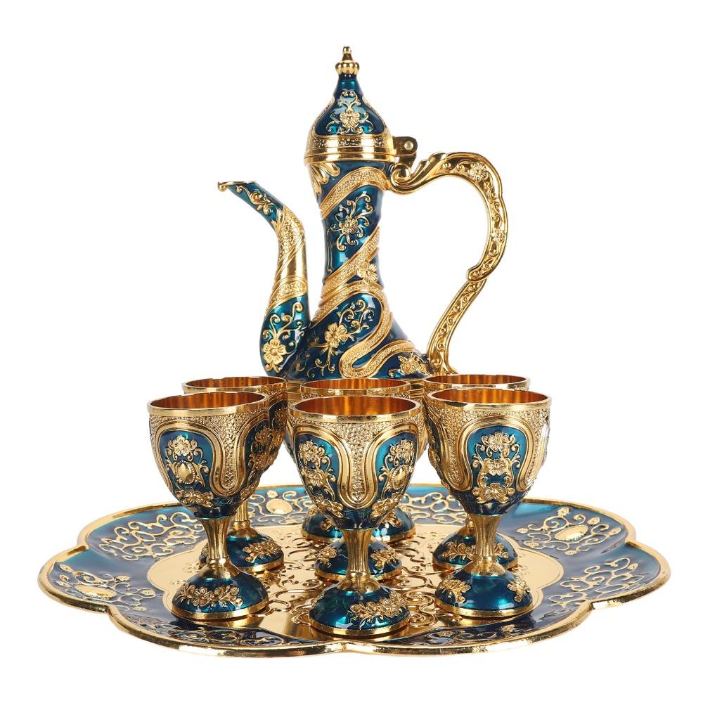 8pcs Gold Blue Vintage Tea Set Zinc Alloy Coffee Pot Cup Set Tea Pot Cup Set For Home Decor