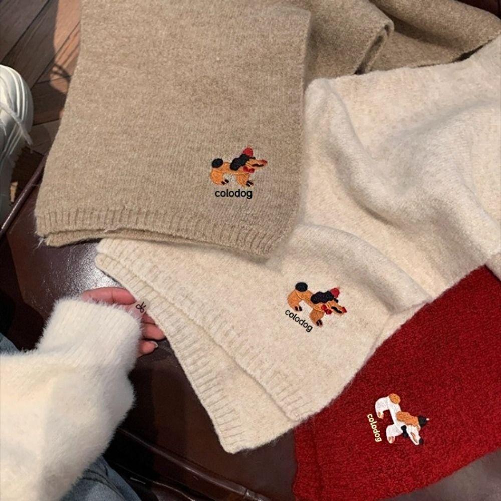 Thicken Dog Embroidered Shawl Plush Winter Wool Scarves Classic Knitted Scarf Autumn Winter