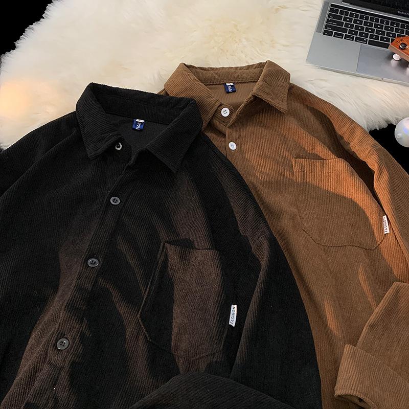 Мужская свободная рубашка с длинным рукавом на пуговицах из вельвета, повседневная, с карманом