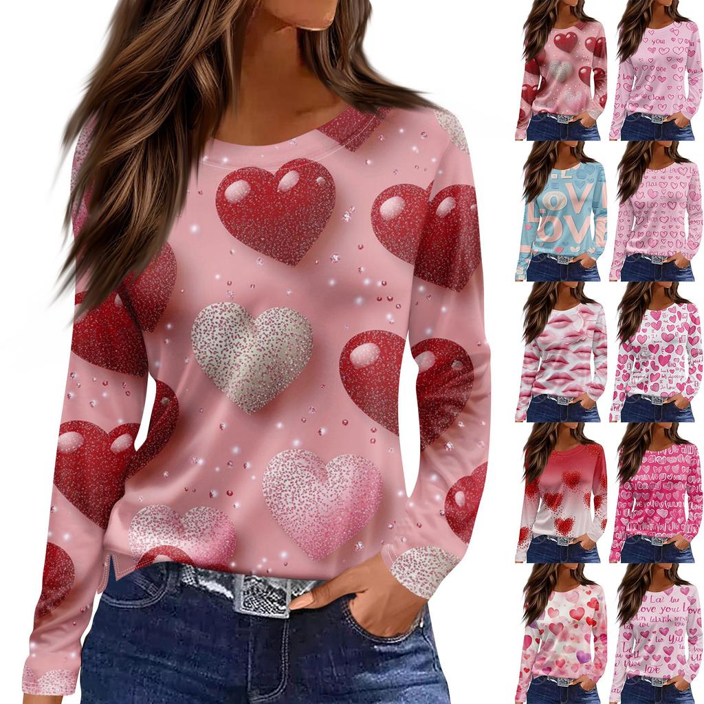 Women's Fashion Valentine's Day Printed Round Neck Casual Long Sleeve Top