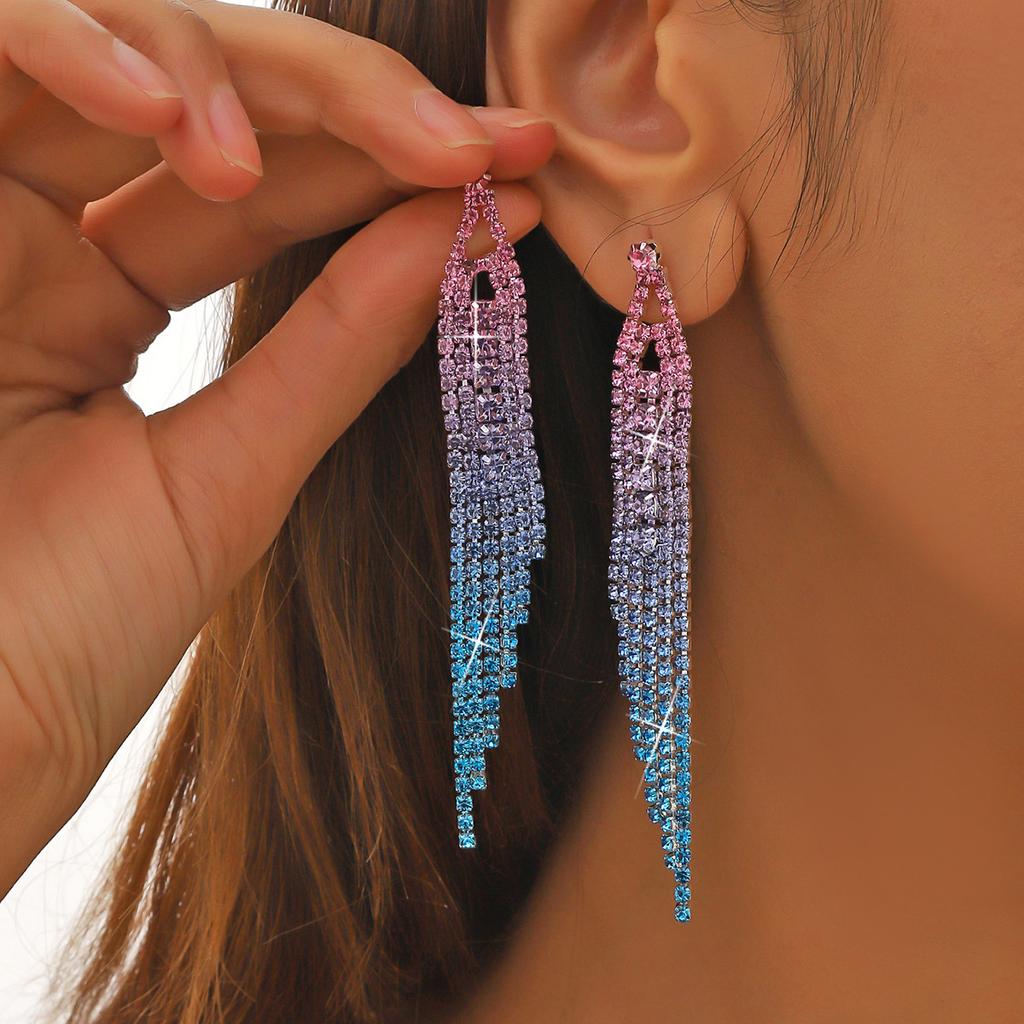 Fashion Gradient Colour Rhinestone Long Tassel Earrings Senior Sense Of Temperament Earrings Women's Earrings 1 Pair