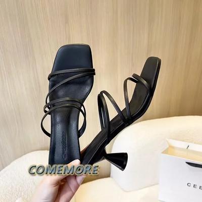 Летние Новые Женские Шлепанцы Квадратный Носок Грация Узкий Ремешок Однотонные Повседневные Сандалии Высокий Каблук Женская Обувь Сексуальные Вечерние Черные Шлепанцы