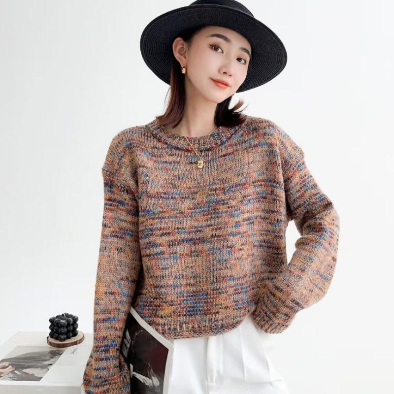 Женский пуловер, осень-зима 2023, повседневный пуловер из трикотажа с круглым вырезом, свободная нижняя часть, свитер, женский топ