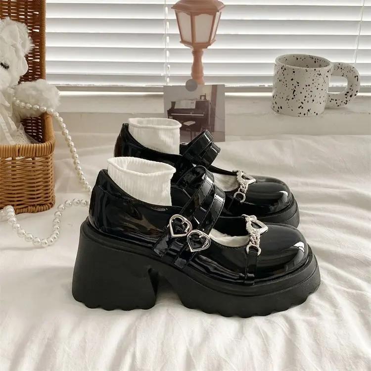 Women's Punk Platform Pumps Spring Metal Chain Mary Jane Lolita Shoes Woman Japanese Patent Leather High Heels Gothic Shoes