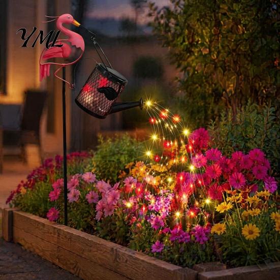 Decorative Flowing Water Effect Lamps Flamingo Garden Statue with Solar Watering Can Lights, Iron Decor for Terrace Path Outdoor Lawn Ornament