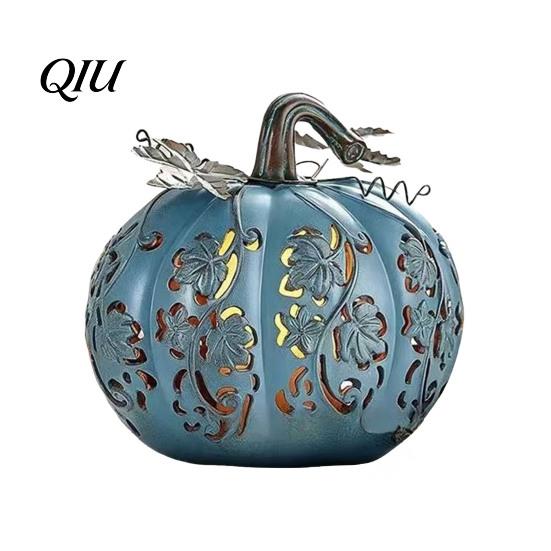 Retro Halloween Prop Light-Up Gourd Decoration, LED Twinkling Pumpkin Lantern, Resin Decorative Porch Figurine Ornament for Fall Indoor Outdoor