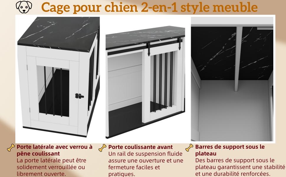 2-in-1 Dog Crate, Wood-Metal, as Side Table, for Small to Medium-Sized Dogs, 140 x 60 x 87 cm, White, Tabletop with Black Marble-Effect Foil