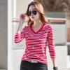 Women Striped T-Shirts Long Sleeve V Neck Tshirts Lady Tee Tops Female Clothes Spring New Arrival