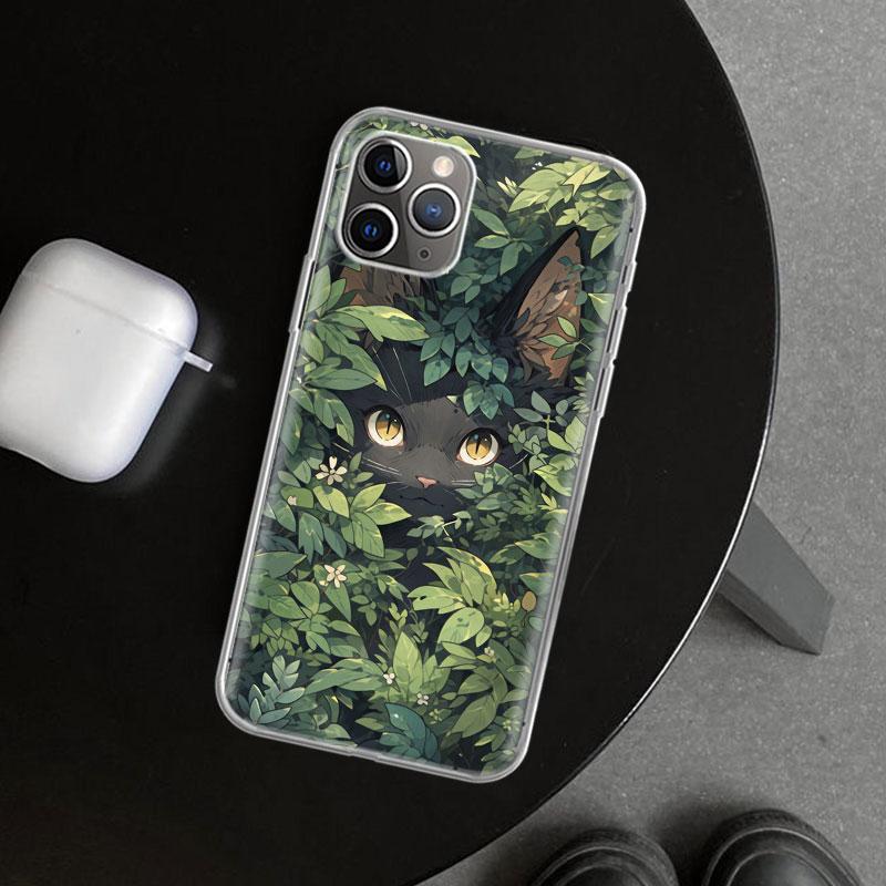 Аниме Милый Черный Кот Мяу Чехол для Телефона для iPhone 11 12 13 Mini 14 15 Plus 16 Pro Max 17 Air 7 8 + SE Арт Индивидуальный Fundas