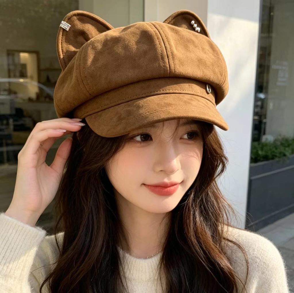 Cute cartoon ears octagonal hat children autumn fashion show face little painter hat sweet versatile newsboy hat