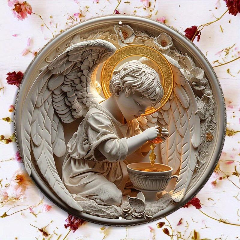 Маленький ангел-мальчик круглый деревянный настенный знак, устойчивый к царапинам, наружное и внутреннее украшение, настенное искусство, домашний декор