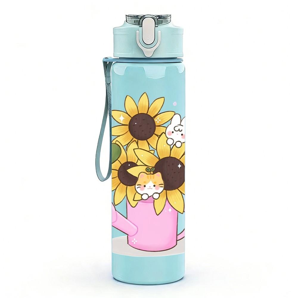 1PC Sunflower Watering Can Girl Print 750ml Color Plastic Sports Water Bottle Leakproof Flip Straw Lid Suitable for Sports Office Home Use