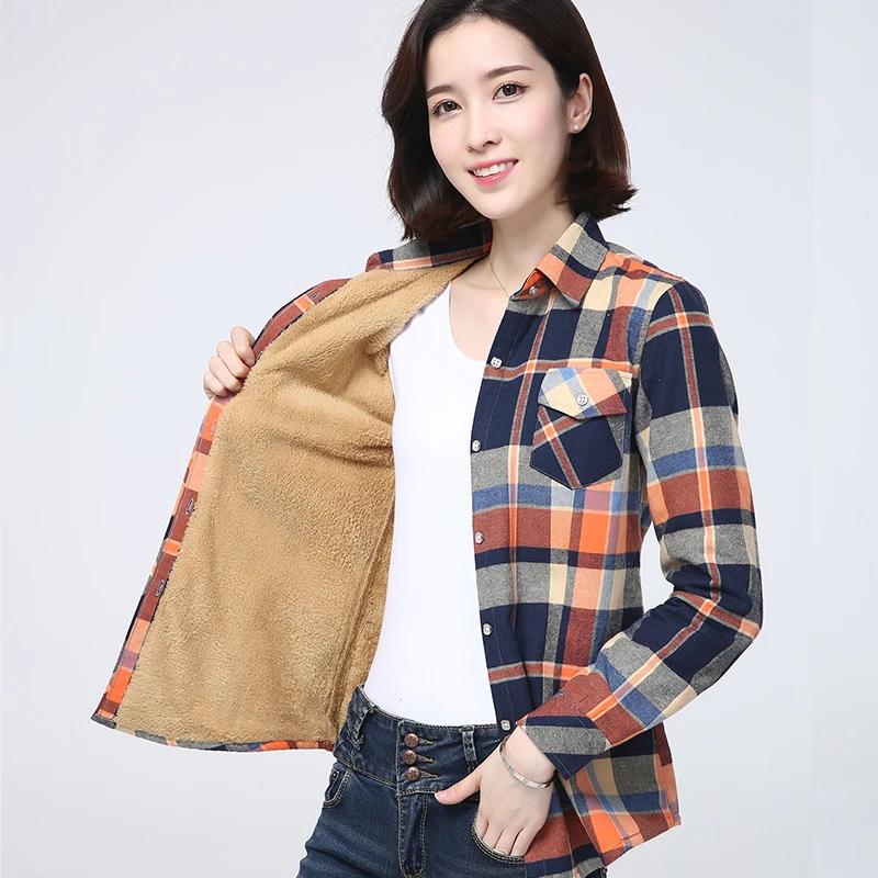 Winter Women's Warm Plaid Shirt Coat Casual Fleece Velvet Plus Thicke Tops Brand College Style Woman Clothes Outerwear