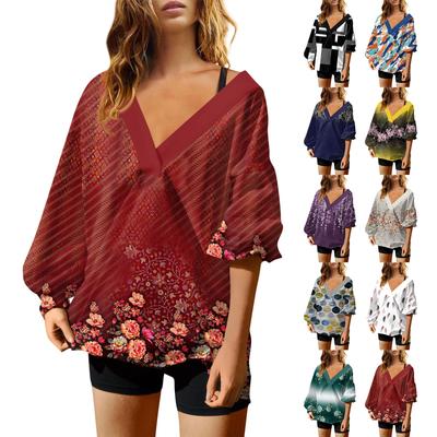 Женская мода V-образный вырез длинный рукав принтованный свободный пуловер свитшот топ