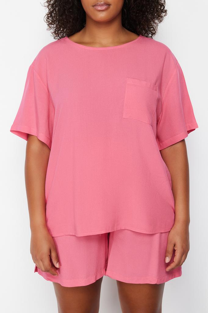 Women's Fashion New Plus Big Size Pajama Set Black Crew Neck Woven Pajama Set