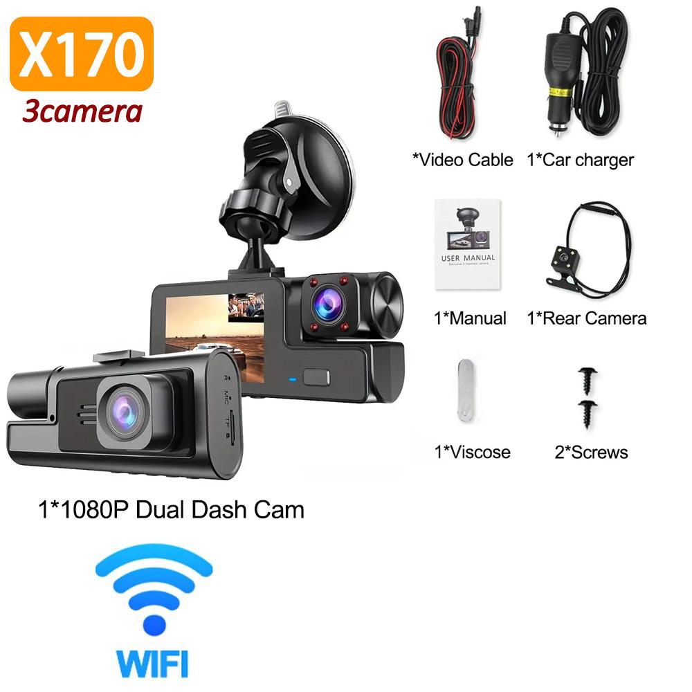 3-канальная видеокамера для автомобиля 1080P Автомобильная камера WIFI Видеорегистратор 2 объектива Камера переднего и заднего вида Автомобильный видеорегистратор Черный ящик Автомобильные аксессуары