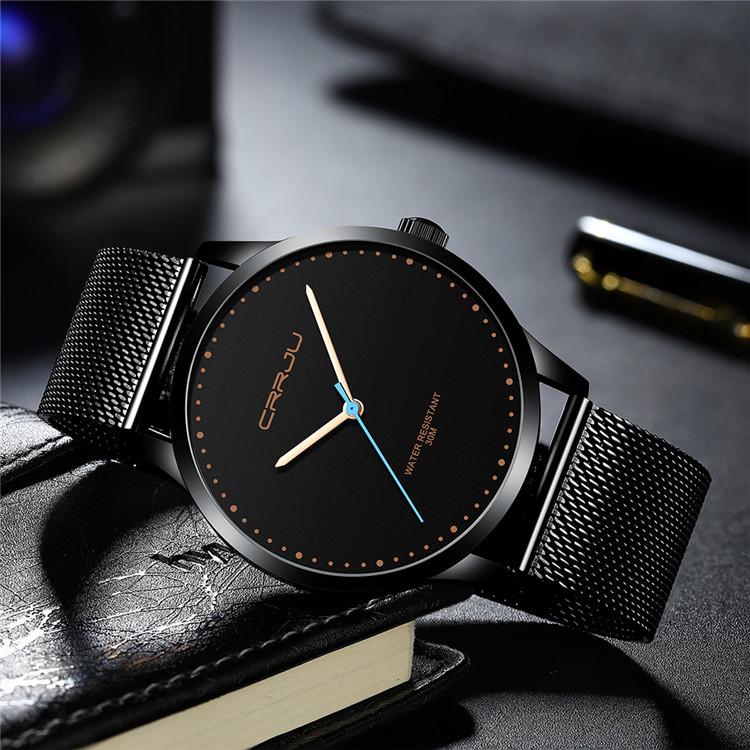CRRJU-2167 Кварцевые часы с календарем, водонепроницаемая сетка из нержавеющей стали и модные часы для студентов-мужчин