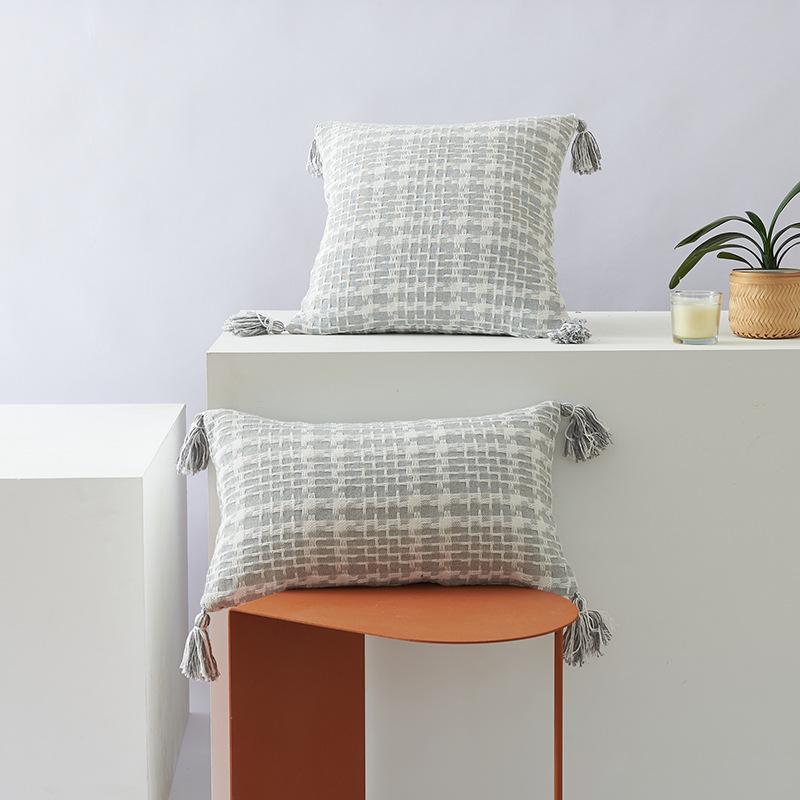 Двухцветная тканая подушка в гусиную лапку Полиэстер-хлопок Кисточка Двусторонняя Офисная Модная в стиле Инс Диванная подушка Чехол для подушки