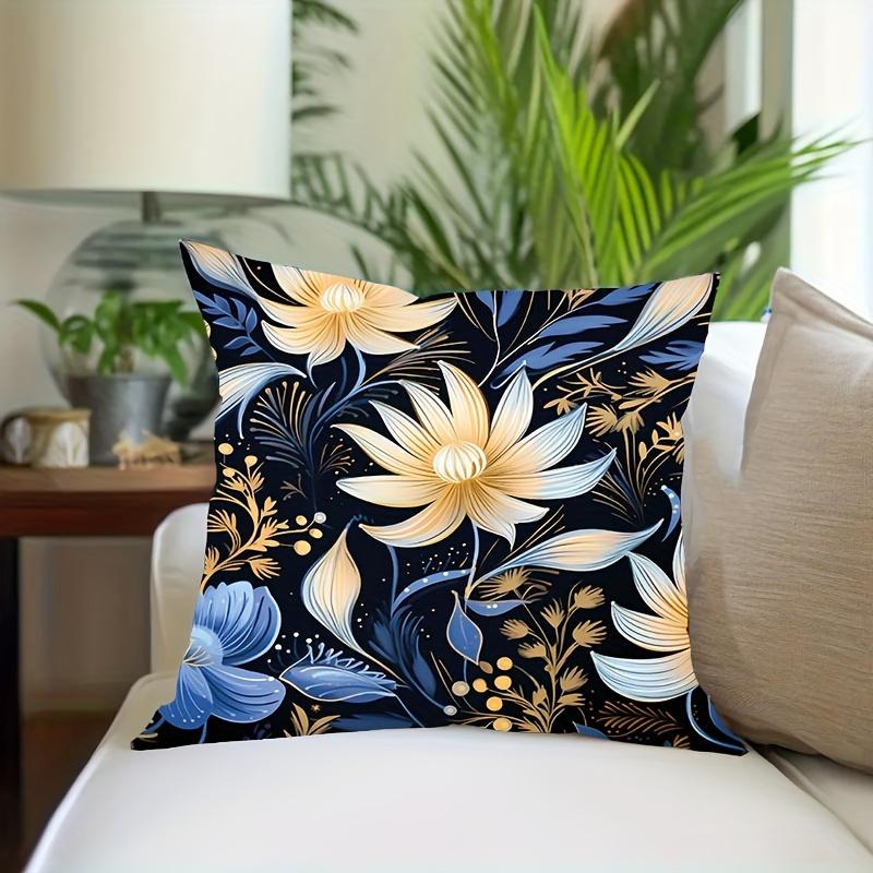 Blue Gold Floral Throw Pillow Cover Elegant Botanical Print Decorative Cushion Cover For Glam Living Room Bedroom Home Decor
