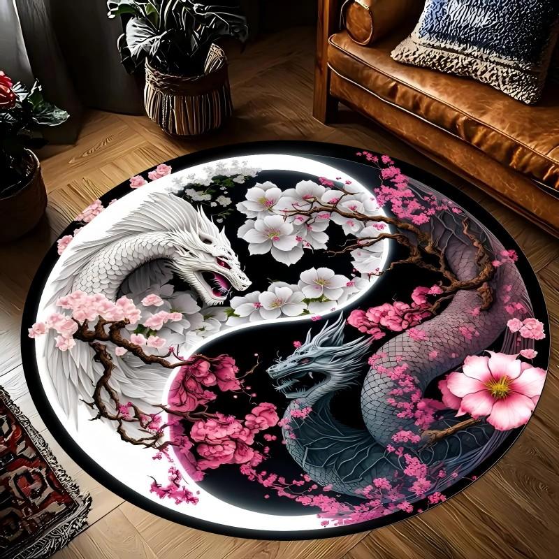Yin Yang Dragon Printed Round Carpets for Home Living Room Rug Bedroom Decor Rug Non Slip Washable Flannel Floor Mat