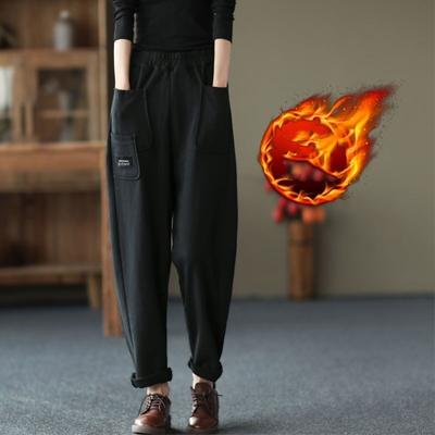 Плотные женские осенне-зимние модные ретро-брюки с эластичной резинкой на талии, повседневные прямые брюки-харлан с карманами в стиле «морковка»