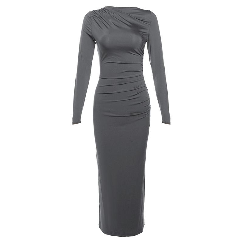 New Autumn and Winter Women's Fashion Round Neck Long Sleeve Slim Fit Hip Solid Color Temperament Dress