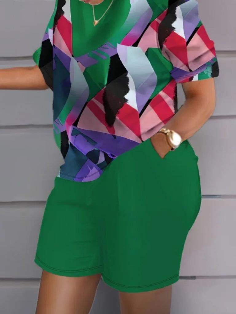 Летние красочные принты женские комплекты из двух частей повседневные футболки с коротким рукавом и круглым вырезом и шорты домашняя одежда шорты с коротким рукавом из двух частей