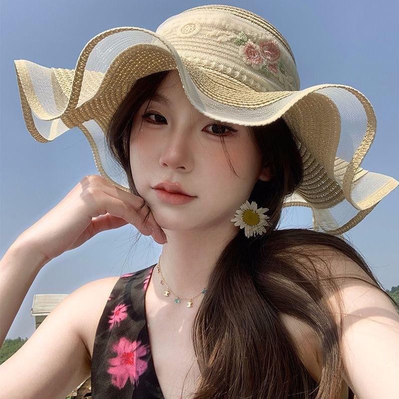 Mesh straw hat, summer sun protection hat, women's bow straw hat, sun hat, travel beach sun hat