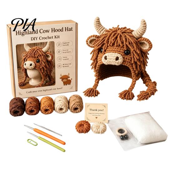 Parent Child Art Project Highland Cow Hat Crochet Kit, Halloween Pumpkin Spider Hood Handmade Winter Headwear DIY Craft Kit for Adults Teens Diy
