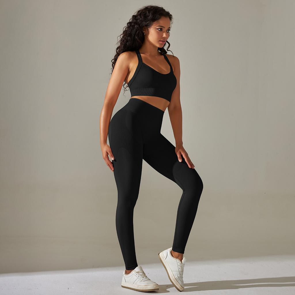 Бесшовный вязаный однотонный комплект для йоги с перекрещенной спиной, облегающий, для спорта, бега и фитнеса, брюки длиной до щиколотки