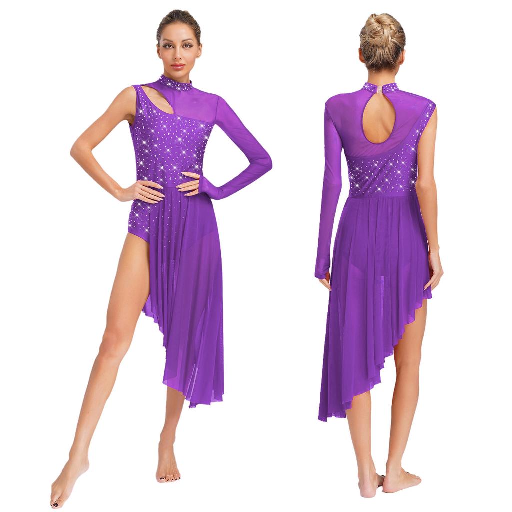 Women Asymmetrical Lyrical Dance Dress S-XXL - Mock Neck Cutout Sheer Mesh Patchwork Shiny Rhinestones Side Split Dancewear