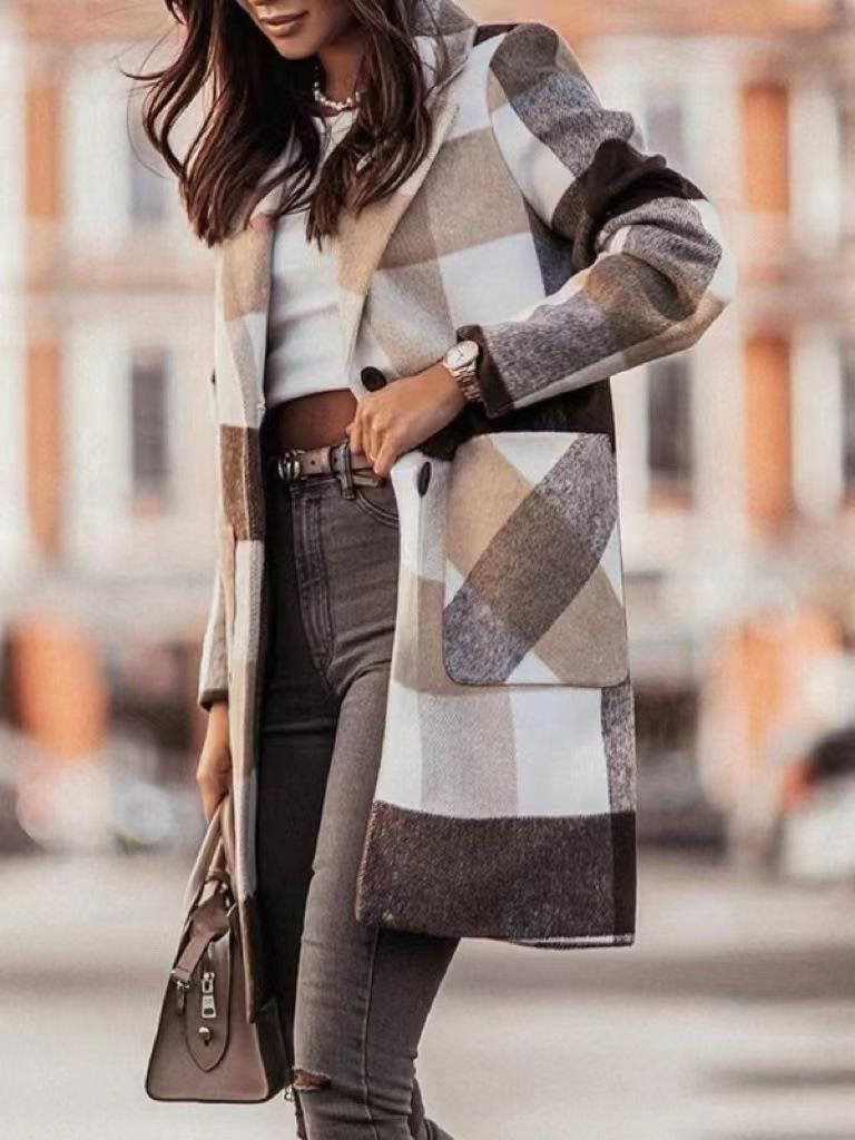 Длинное шерстяное пальто в клетку 2025: Женская демисезонная/зимняя верхняя одежда с лацканами, однобортный дизайн.