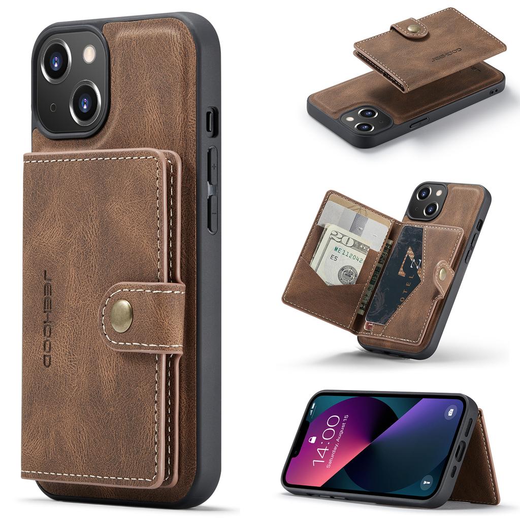 For iPhone 13 mini 5.4 inch Case JEEHOOD J01 Retro Leather Phone Back Cover with Detachable Magnetic Card Holder