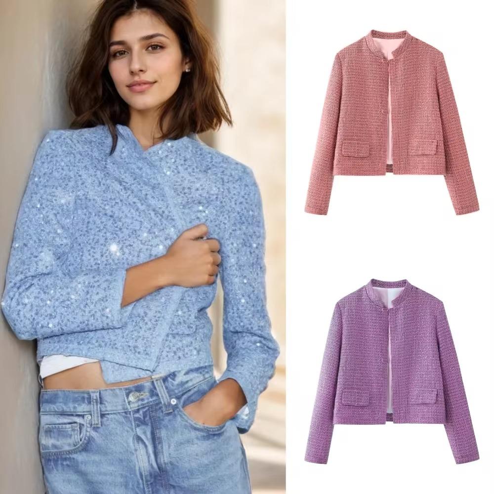 Женская короткая куртка с пайетками, воротником-стойкой, длинными рукавами и карманами, весна и осень, новый женский шикарный кардиган