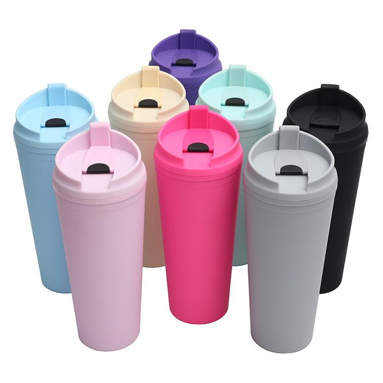 24oz Large Capacity Double-Layer Plastic Straw Cup Portable Flip-Top Lid Outdoor Frosted Design Direct Drinking for