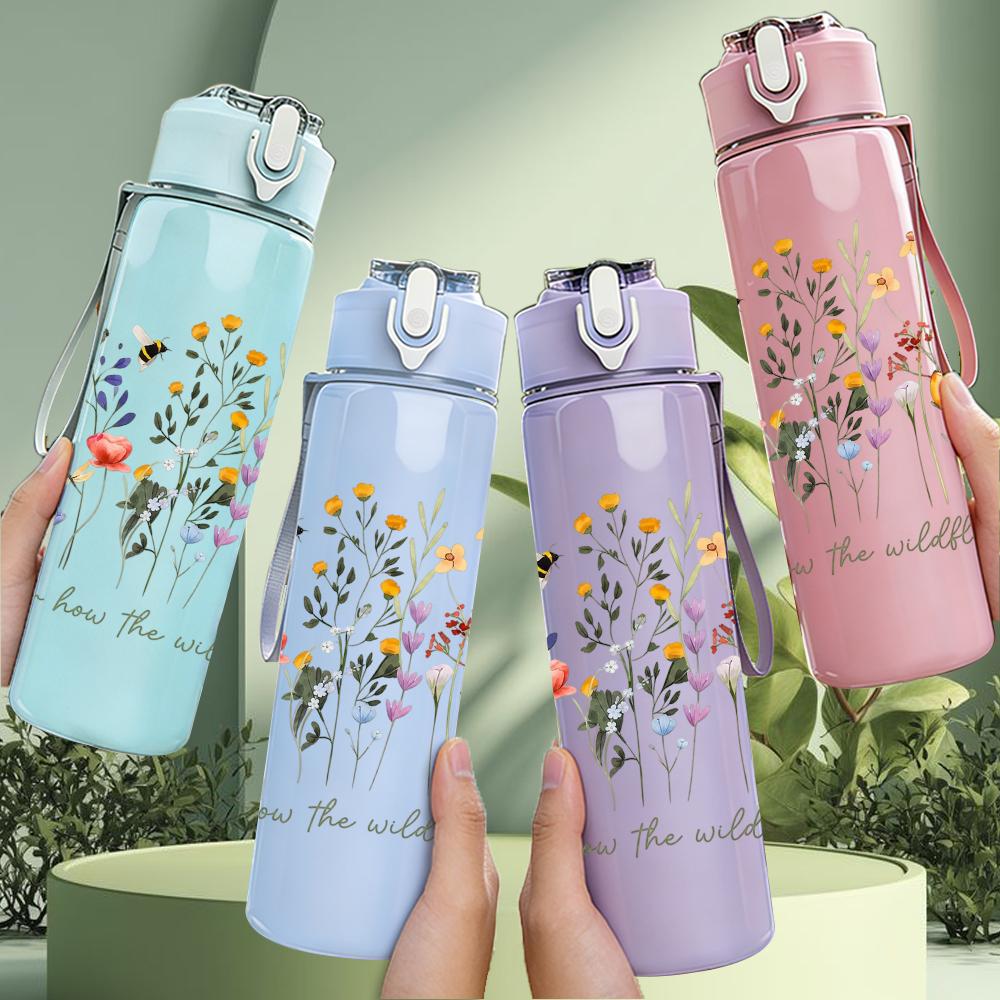 1PC Wildflower Inspirational Quote Graphic,750ml Color Plastic Sports Water Bottle,Leakproof Flip Straw Lid,Suitable for Sports Office Home Use
