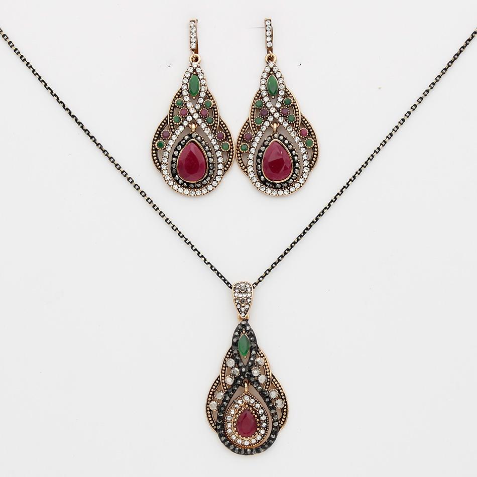 Gold Color Women Long Hook Dangle Earring Water Drop Pendant Necklace Jewelry Sets Antique Resin Ethnic Bijoux