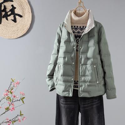 Осень и Зима Повседневная Куртка с Воротником-стойкой из Легкого Ламинированного Пуха Белого Утиного Пуха Женская Короткая Свободная Куртка на Все Случаи Жизни