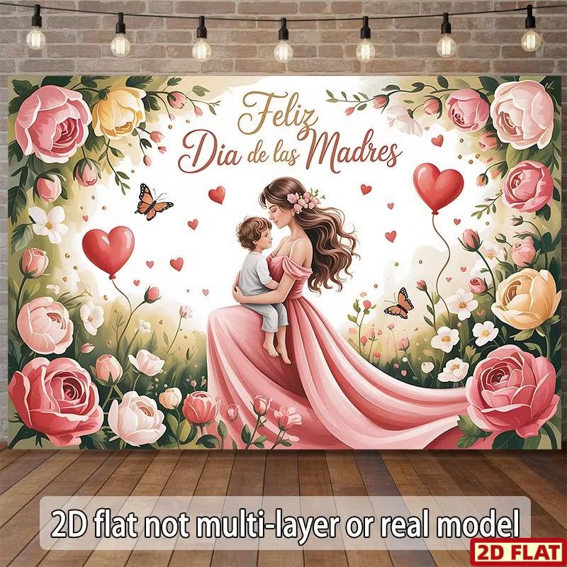 2D Happy Mother's Day Spanish Backdrop, Pink Rose and Mom with Child Background