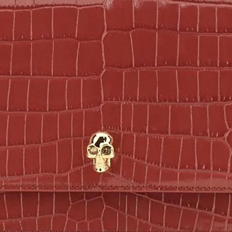 Alexander Mcqueen Skull Croc-Embossed Top Handle Bag, Deep Red, Gold Skull Hardware, Women's Luxury Handbag for Daily Party 732798-1HB0G-6338