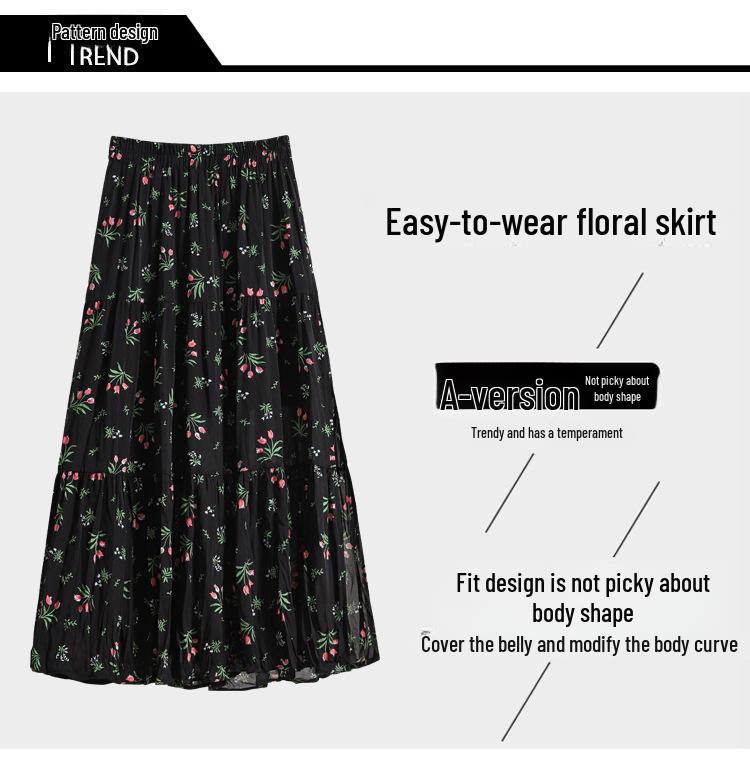 Plus-Size Pleated Chiffon Floral Skirt: 2024 Summer Retro Fashion