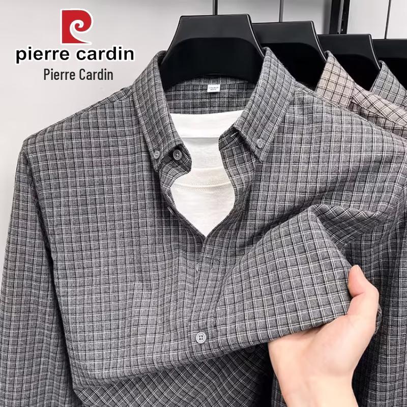 Pierre Cardin Мужская клетчатая хлопковая рубашка с длинным рукавом
