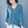 Женский свитер большого размера с V-образным вырезом, однотонный, тонкий, трикотажный, на весну и осень