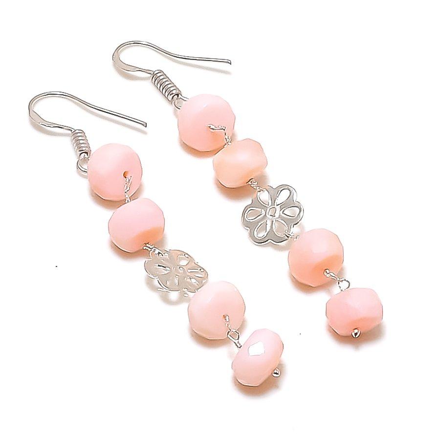 Pink Chalcedony Gemstone Handmade 925 Sterling Silver Jewelry Earring 2.56" GK-7345