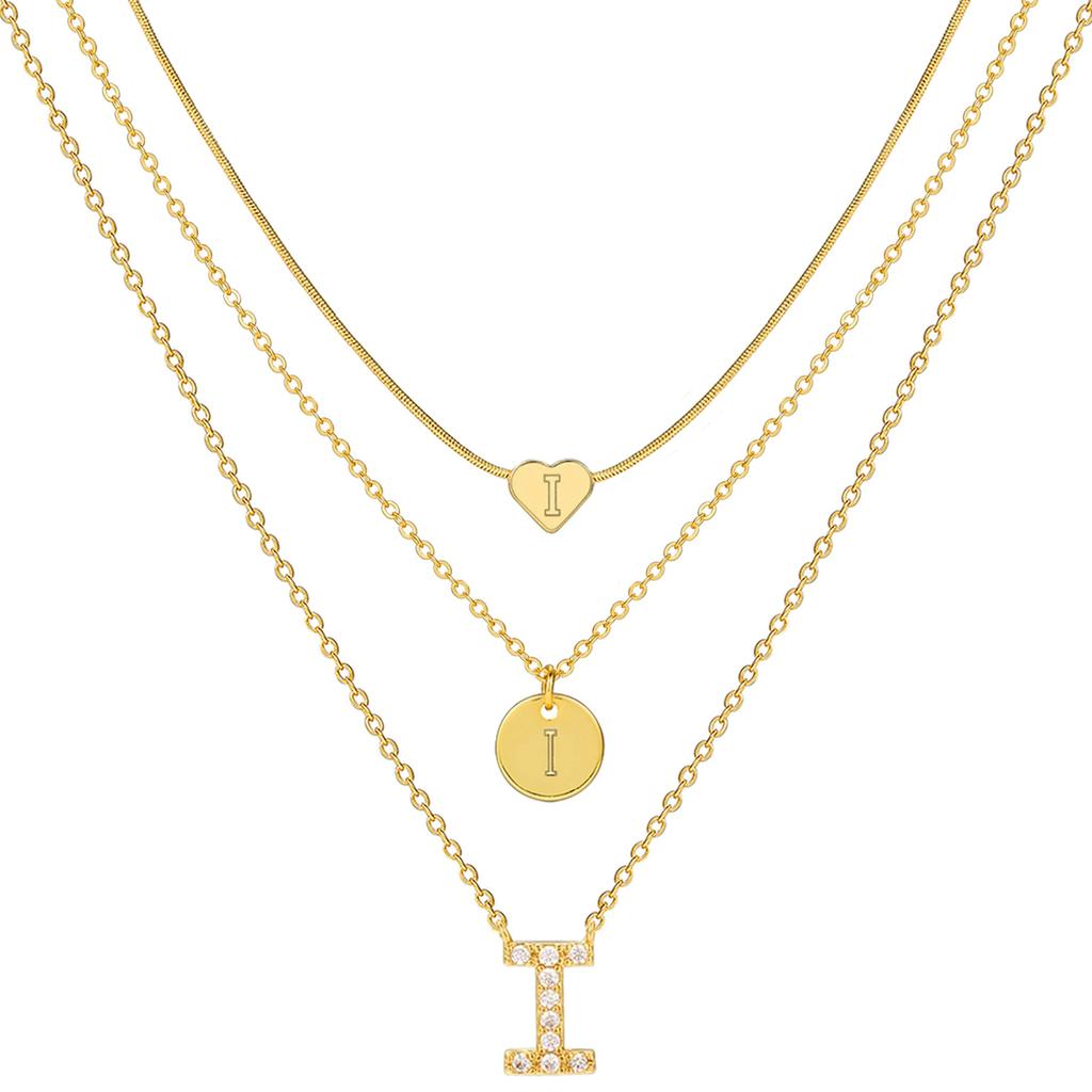 17KM 3 Pcs Plated Heart Initial Necklace Sets for Women Fashion Multilayer Letter Choker Necklaces Copper Metal Jewelry Gift